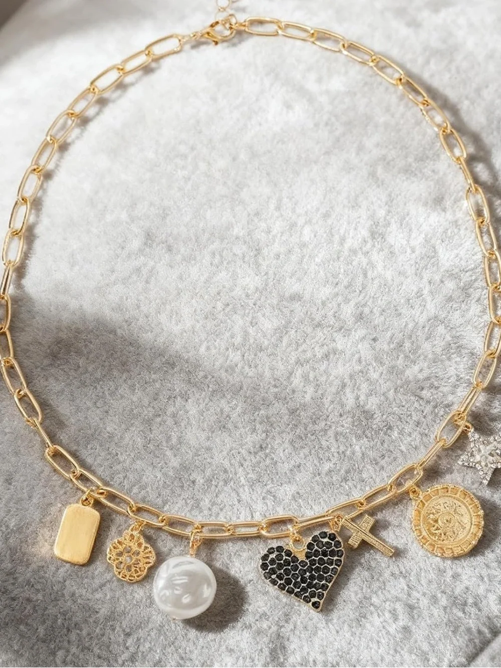 Anthropologie Gold Charm Necklace with Black Heart and Pearl